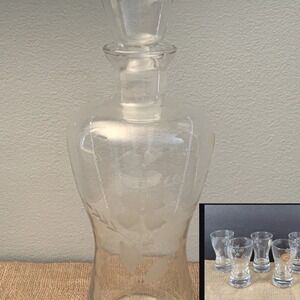 Pasabahce Etched Floral Glass Decanter & 5 Cordial Glasses Set Made in Turkey